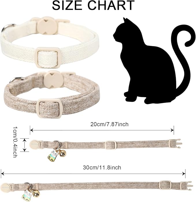 Cat Collar,2 Pack White Hemp Cat Collars Breakaway with Bell, DOGWONG Safety Buckle Wedding Cat Collar for Girl Boy Cats and Small Dogs，Adjustable 7-12 Inch,Pet Supplies Accessories