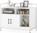 Giantex Cat Litter Box Enclosure - Cat Washroom Hidden Furniture with Front Entry, Scratcher, 2-Door Storage Cabinet, 2 Compartments, Air Vents, Metal Frame, Wooden Pet Crate House (White)