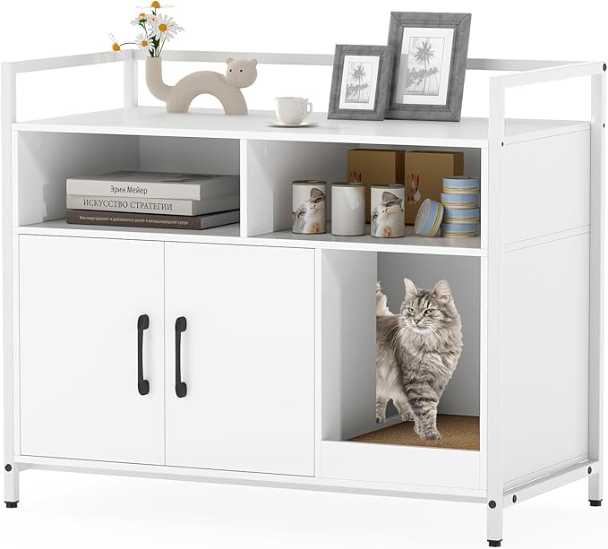 Giantex Cat Litter Box Enclosure - Cat Washroom Hidden Furniture with Front Entry, Scratcher, 2-Door Storage Cabinet, 2 Compartments, Air Vents, Metal Frame, Wooden Pet Crate House (White)