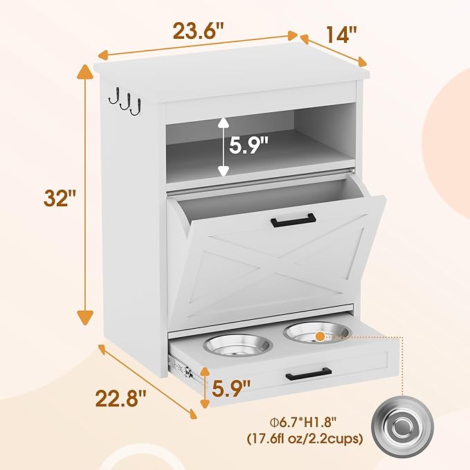 Modern Dog Food Storage Cabinet with 2 Elevated Doggy Bowls, Pet Feeding Station with Organizer, Tilt Out Pet Food Cabinet Furniture, White