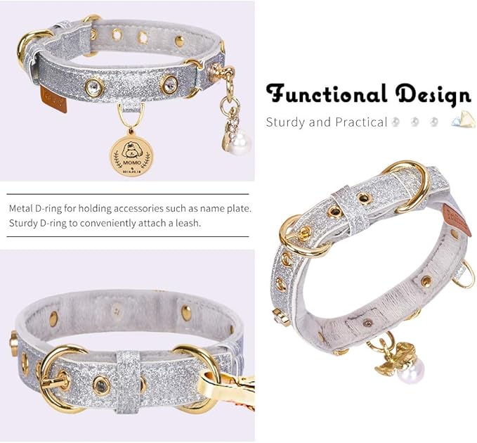 PetsHome Cat Collar, Dog Collar, [Bling Rhinestones] PU Leather Adjustable Pet Collar with Luxury Pendant for Cat and Small Dog Extra Small Silvery