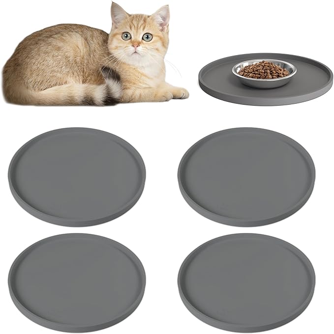 4 PCS Thickened Pet Silicone Food Mat, Nonslip Waterproof Cat Dog Feeding Bowl Mats with Raised Edges for Food and Water Prevent Spills, Round Eating Tray for Floors, Puppy Kitten, 10'' x 10''