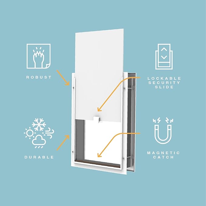 Hakuna Pets Deluxe Aluminum Pet, Cat and Dog Door with 2-Way Locking Panel for Screens, Doors and Walls up to 2.8" Thick, Large, Silver