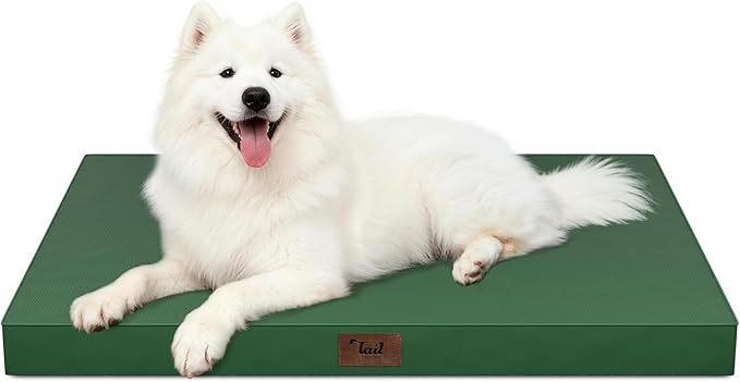 Outdoor Large Washable Dog Bed, Orthopedic Egg Crate Foam Dog Crate Mat for Large Dogs with Removable Oxford Cooling Cover, Dark Green
