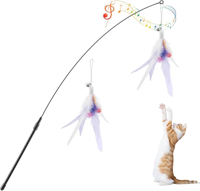 Pawaboo Feather Teaser Cat Toy, Interactive Feather Wand Cats Toy Flying Feathers Cat Catcher with Extra Long 34.5" Wand and Small Bell, Exerciser Playing Toys for Kitten or Cats, Purple