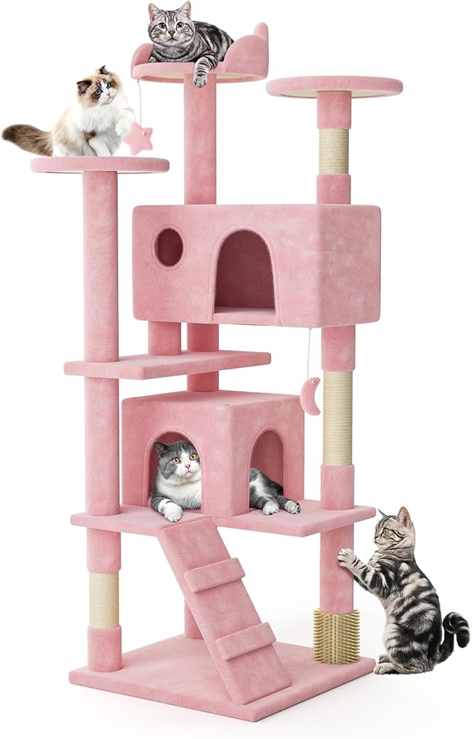 MoNiBloom 70 Inch Cat Tree Tower for Indoor Cats Large Adults, Tall Cat Tower with Scratching Post, Multi-Level Furniture Activity Center with Cat Condo Pet Play House, Soft Pink