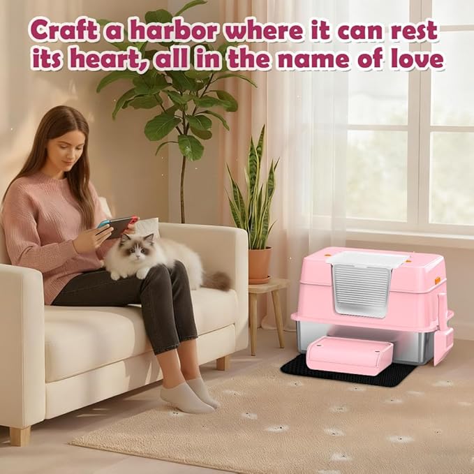 Vivifying Pink Stainless Steel Covered Cat Litter Box – Odor-Control, Easy-Clean Modular Enclosed Kitty Toilet, Elegant Design for Stylish Cat Moms