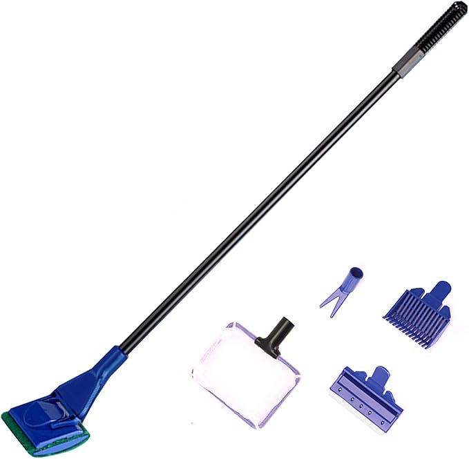 Aquarium Cleaning Tools Kit 5 in 1 Function for Long Deep Fish Tank, Including Algae Scrape, Cleaning Sponge, 3.9" Small Fishnet, Gravel Rake, Plant Fork