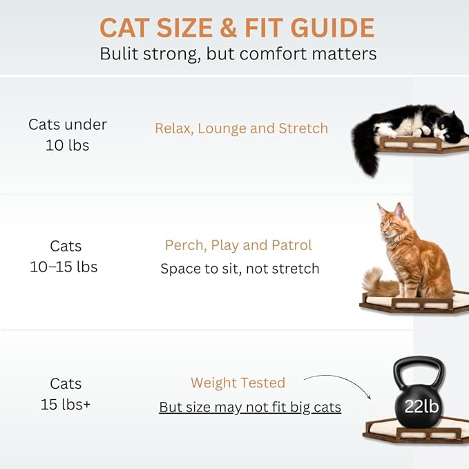 INICIO Cat Wall Shelves - Safe and Sturdy Cat Wall Furniture - Stylish Natural Wood Corner Shelf with 3 Steps for Cats up to 15lbs - Cushioned Perch and Stairs for Climbing and Playing - Dark Brown
