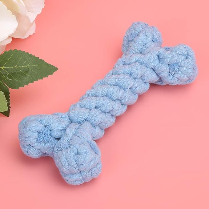 Pet Cotton Rope Biting Chewing Molar Toy, Cartoon Animal Shape & Pure Manual Weaving, Dog Rope Toys with Strong and Hard, Grind and Clean Teeth, Relieve Pressure (Blue Bones)