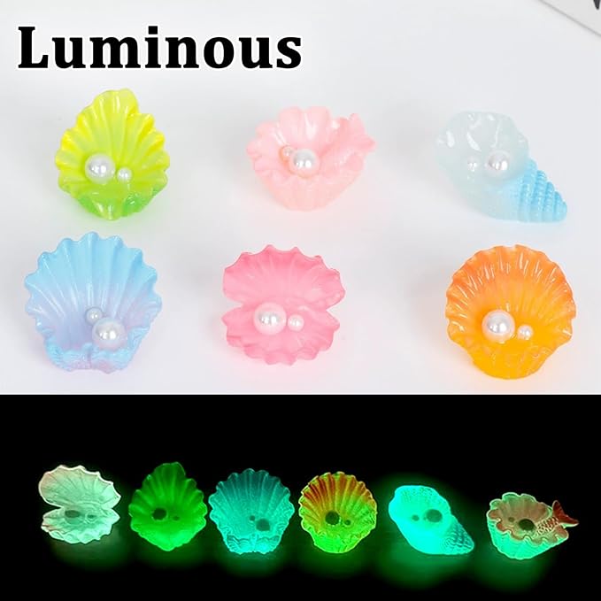 MIUPOO Glow Pearl Shell,Betta Stones,Glow in The Dark Crystal,Bonsai Decor,Chips Stone Small Decorative,Fish Tank Decor,6 Colors,12 Pieces.