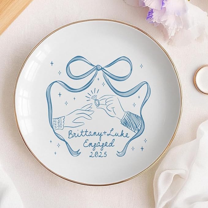 Custom Engaged Ring Dish - Personalized Bow & Rings Exchange Illustration Jewelry Tray, Engagement Trinket Holder Dish, Gifts for Newly Engaged Couple, Bride, Wife, or Bestie