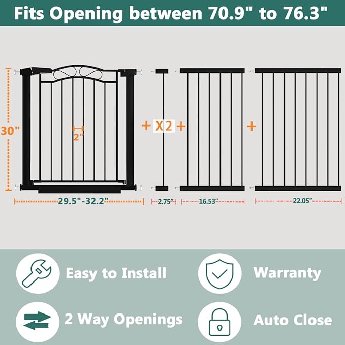 Fairy Baby 70.9"-76.3" Extra Wide Baby Gate for Stairs Doorways, Pressure Mount Pet Gate Auto Close Safety Child Gate, Long Large Dog Gate Indoor for House, 71 72 73 74 75 76 Inches Wide, Black