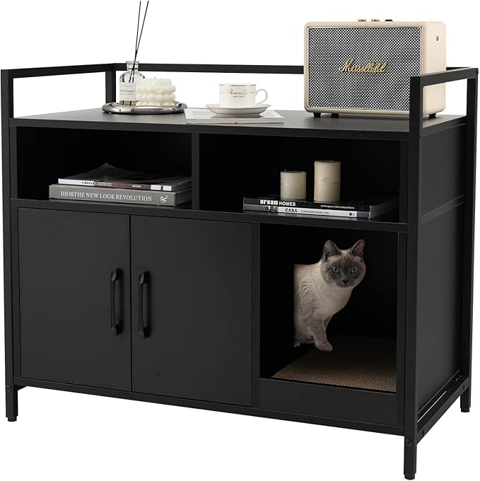 Giantex Cat Litter Box Enclosure - Cat Washroom Hidden Furniture with Front Entry, Scratcher, 2-Door Storage Cabinet, 2 Compartments, Air Vents, Metal Frame, Wooden Pet Crate House (Black)