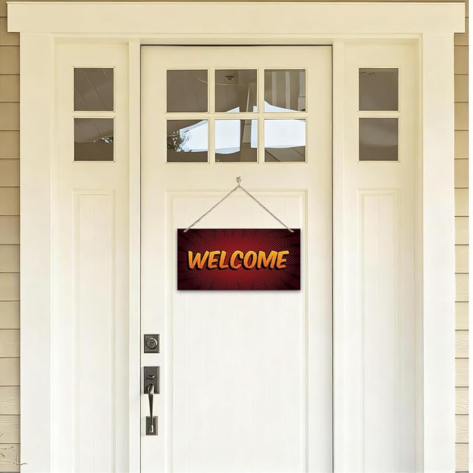 Welcome Sign for Front Door, Front Door Wooden Hanging Sign, Comic Style Welcome Hanging Signs for Wall Decor, Rustic Funny Wooden Playroom Wall Decoration 13.8X6.9 inches