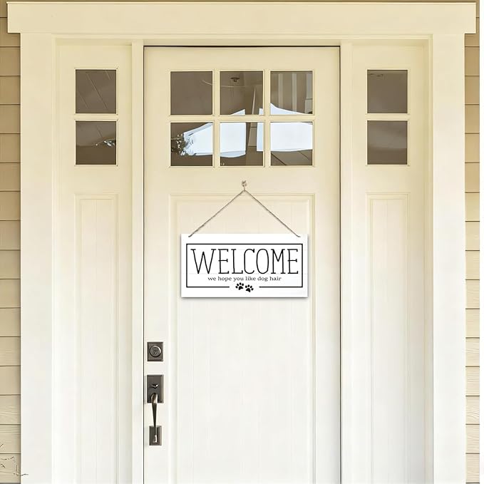 Welcome Sign for Front Door, Welcome Decor Wooden Hanging Sign for Dog Lover, We Hope You Like Dogs Hair, Rustic Funny Wooden Outdoor Front Door Hanging Decoration 13.8X6.9 inches