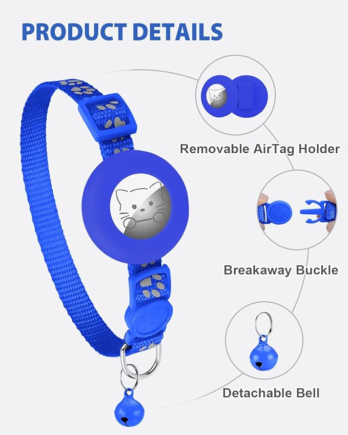 Joytale AirTag Cat Collar 2 Pack with Breakaway Safety Buckle, Reflective Cats Collar with AirTag Holder, Adjustable 7.5-12.5 Inch, Anti-Fraying Lightweight for Girl Boy Kitten, Navy Blue