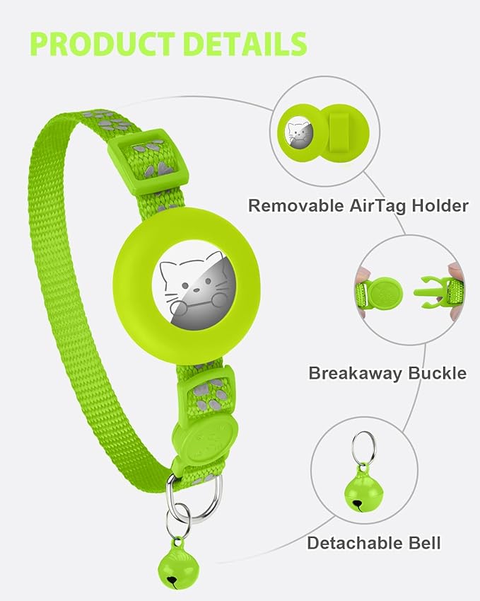 Joytale AirTag Cat Collar 2 Pack with Breakaway Safety Buckle, Reflective Cats Collar with AirTag Holder, Adjustable 7.5-12.5 Inch, Anti-Fraying Lightweight for Girl Boy Kitten, Green