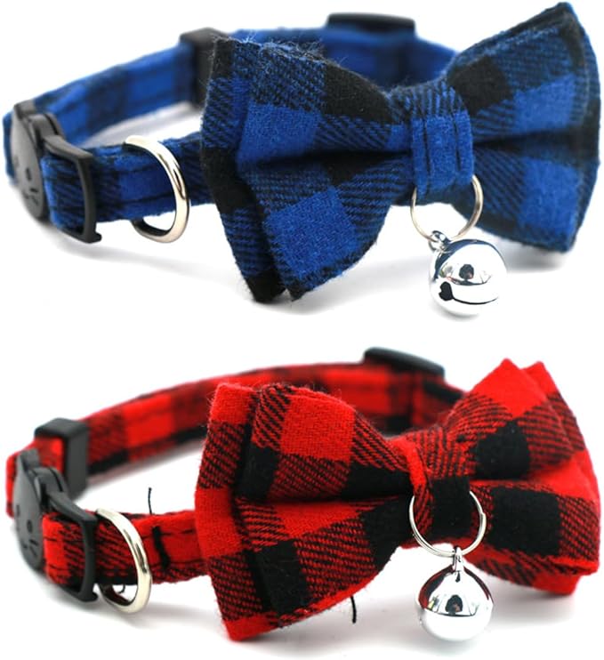 2-Pack Plaid Cat Collar with Bell and Bow, Breakaway Kitten Collar with Bell, Bowtie Puppy Collars for XXS Xs Small Little Pet Tiny Dogs, Red+Blue