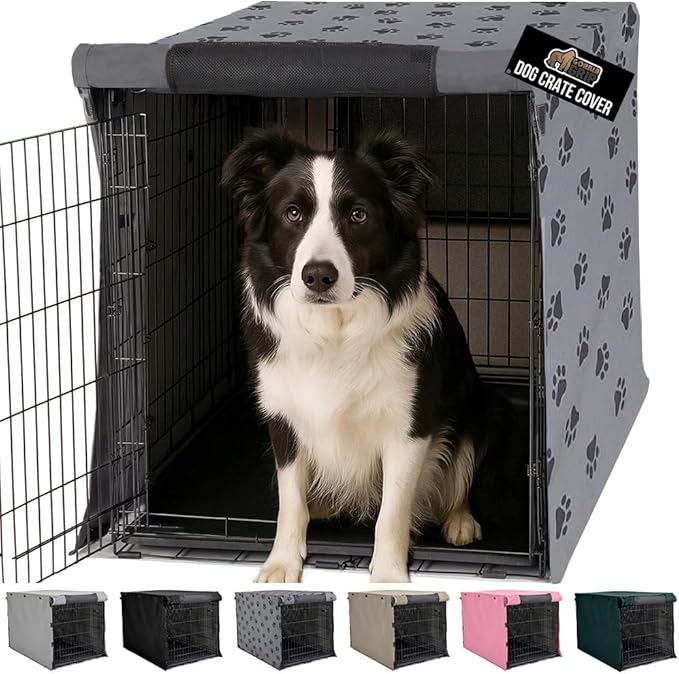 GORILLA GRIP Dog Crate Covers compatible with Amazon Basics Dog Crates, All Sides Open, Privacy Cover Fits 36" Wire Kennel, Breathable Mesh Windows, Light Reducing Puppy Training Cage Topper, Gray Paw