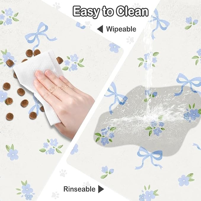 Dog Food Mat for Pet Cat Food Mat, Blue Bows Floral Absorbent Quick Dry Dog Bowl Mats for Food and Water, Non-Slip Cat Pet Feeding Mats for Floor Placemats 12"x20"