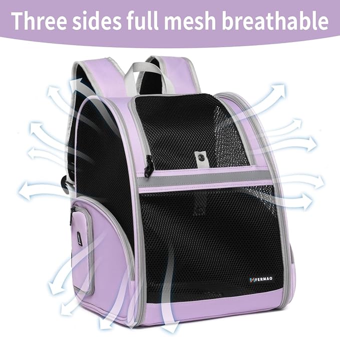Cat Backpack Carrier for Small Dogs and Medium cat Puppy Kitten Bunny Pet Carrier Backpack Collapsible with Fully Ventilated Mesh with Safety Leash (Purple, 12.9" L x 10.62" W x 15.5" H - M)