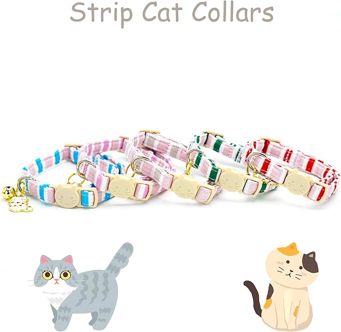 Elegant little tail 2 Pack Cat Collar-Pink Strip Cotton Breakaway Cat Collars with Bell Pendant Kitten Girl Cats Safety Adjustable Collar for Small Cats Puppy