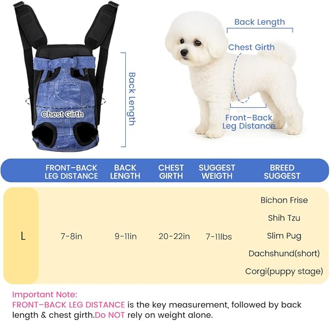 Dog Backpack Carrier, Front Pocket for Essentials, Pet Sling Front Backpacks for Small Medium Dogs 7-11 Lbs, Legs Out, Adjustable Wearable Puppy Chest Travel Bag, Easy-Fit for Hiking/Walking/Camping