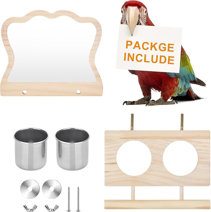 Feeder with Acrylic Mirror & Stainless Steel Bowls, Natural Wood Perch, Cage Accessories, Parakeet Cage Accessories, Tool-Free Adjustable Supplies for Parakeet Cockatiel Lovebird