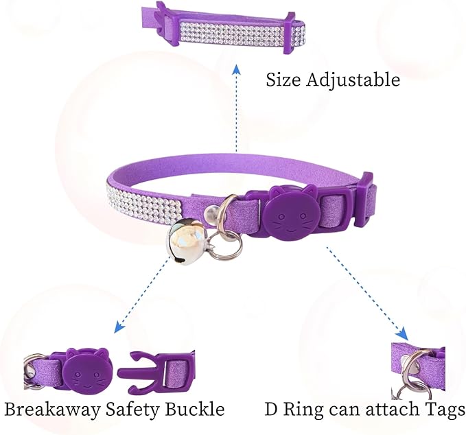 Rhinestone Cat Collar Breakaway Safety Buckle with Bell, Adjustable Diamond Girl Boy Kitty Cute Comfy Collar for Kitten Small Pets Rabbits, 7.5"-11" Purple
