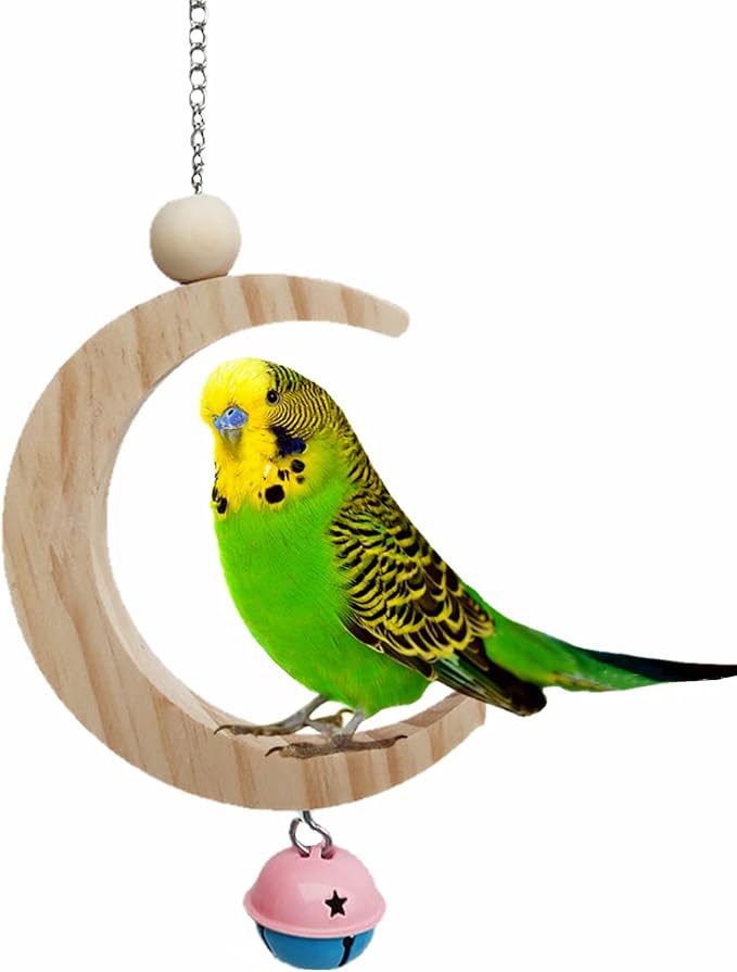 Parakeet Wood Swing Moon Shaped Hanging Ring Bird Branch Chew Parrot Toys (Small)