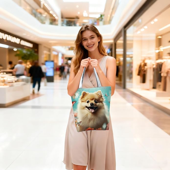 Cute Dog with Butterfly and Floral Design Tote Bag with Zipper Closure Outdoor Great for Carrying Pet Supplies Handbag Nice Birthday Holiday Gift Idea for Dog Owner Animal Lovers Shoulder Bag