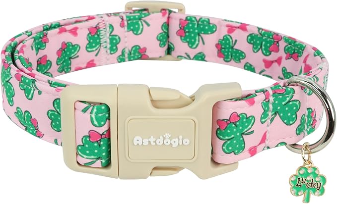St. Patrick's Day Dog Collar,Pink Bow with Lucky Shamrock Puppy Collar,Adjustable Spring Cotton Collars Gifts for Small Medium Large Dogs,Dog Accessories S