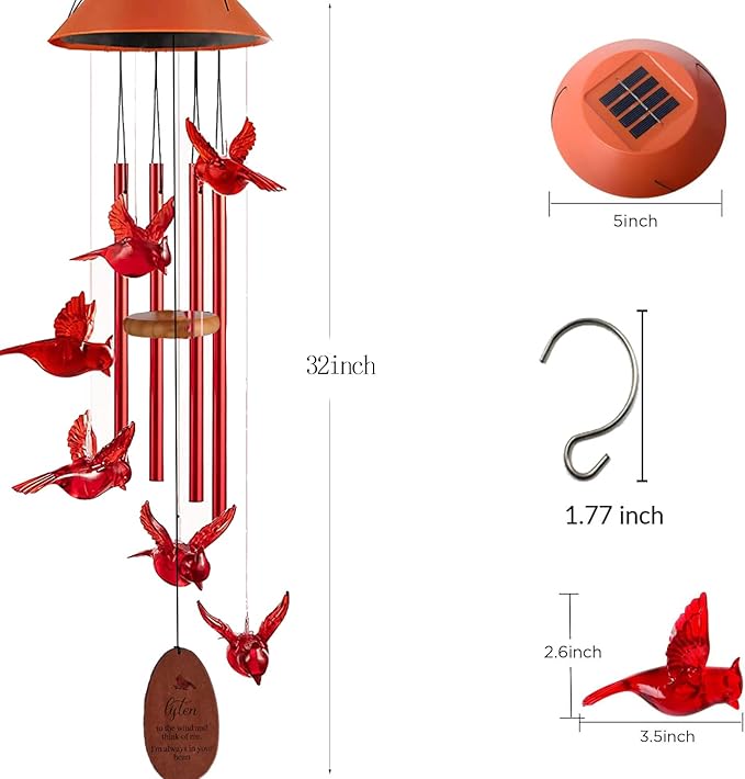 Solar Cardinal Wind Chimes Outdoor Solar Lights Cardinal Red Bird Windchimes Waterproof Hanging Decorations for Garden Patio,Gifts for Women Birthday Thanksgiving Party