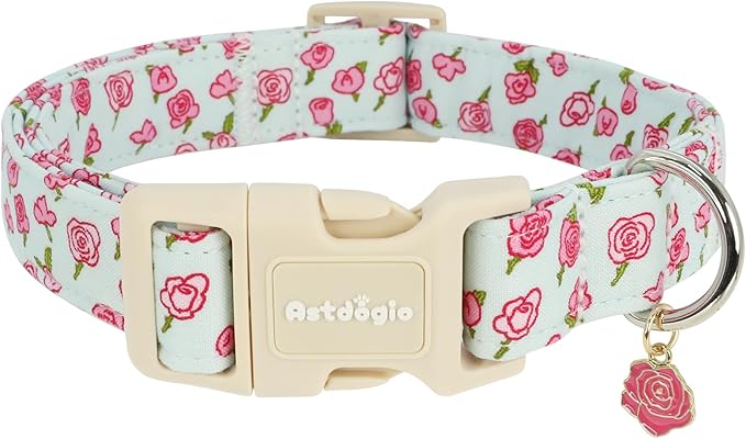 Dog Collar for Extra Small Dogs, Spring &Summer Theme Blue Small Dog Collars with Pink Rose Pattern, Adjustable Puppy Dog Collars, Cute Girl or Boy Dog Collar Ideal for Gifts,Pet Accessory