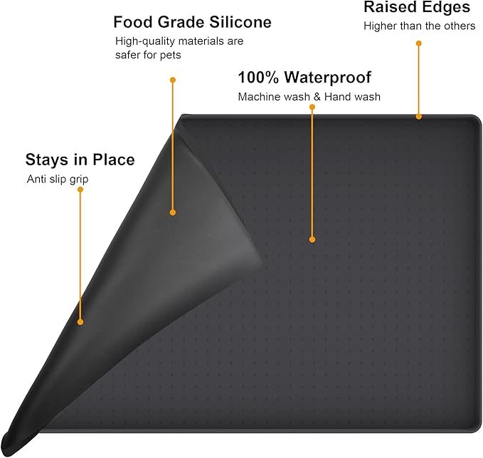Mofason Pet Food Mat Waterproof Dog Mat 24”x16” Large – 0.5” inch Raised Edge,Cat Silicone Feeding Placemat Water Bowl Tray for Floors, Nonslip Washable Dog Mat for Food and Water