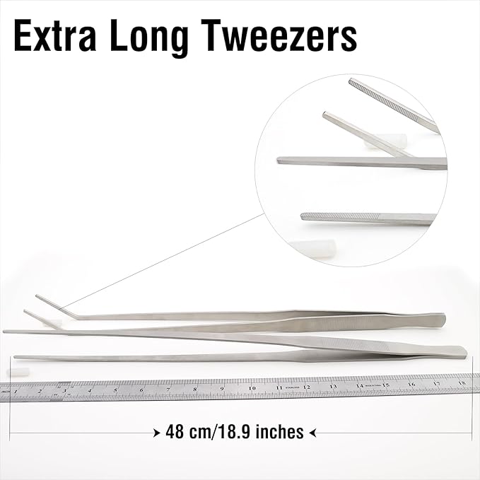 2Pcs 18.9 inch Extra Long Tweezers for Salt & Fresh Water, Heavy Duty Reptile Feeding Tongs for Aquarium & Terrarium, Large Metal Snake Feeding Tongs, SUS 304 Stainless Steel Tweezers