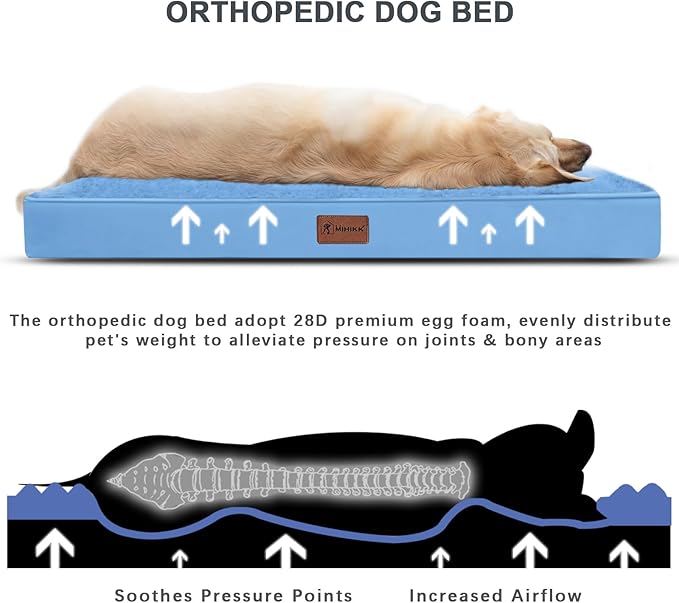 MIHIKK Waterproof Dog Bed Medium Size Dog Orthopedic Pet Beds for Crate with Removable Washable Cover Egg-Crate Foam Pet Pad Mat with Anti-Slip Bottom, 35x22 Inch, Blue