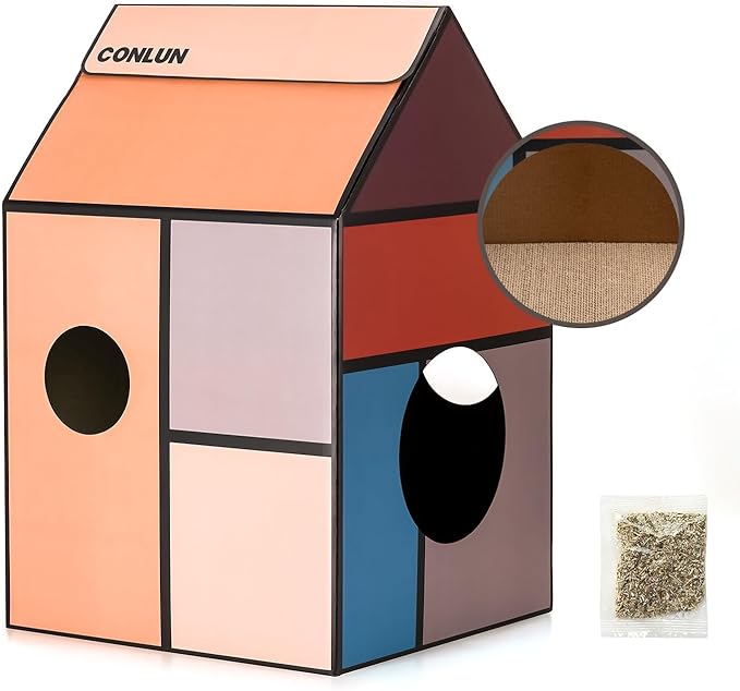 Cardboard Cat House with Scratch Pad & Catnip, Cat Play Scratching House for Indoor Hideaway Furniture, Heavy Duty Sturdy Cardboard Scratcher, Easy to Assemble Birthday Gift, Medium