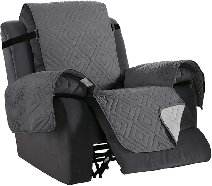 H.VERSAILTEX Reversible Quilted Recliner Covers Water Resistant Furniture Protector for Reclienr Chair with Elastic Straps for Pets Kids Sitting Width Up to 22"(Recliner, Gray/Beige)
