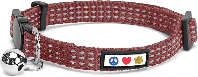 Pawtitas Reflective Brown Cat Collar with Safety Buckle and Removable Bell for Kitten and Cats Marsala