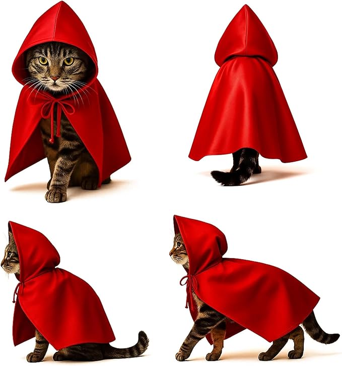Red Cat Cloak with Hood for Indoor Cats, Funny Superhero Cosplay Halloween Costume for Pets, Cute Cape for Party Photos and Dress-Up – Big/Middle Size