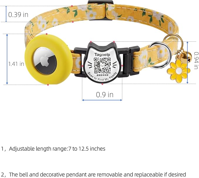 Breakaway Cat Collar with QR Code ID & AirTag Holder, Adjustable Cotton Kitten Collar with Bell, Cute Floral Safety Collar for Indoor & Outdoor Cats Pastoral Style with airtag Holder(Yellow)