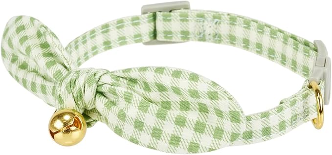 2 Pack Cotton Cat Collar, Removable Bowtie, Floral Pattern, Safety Breakaway Clasp, Adjustable for Cats.(Adult Cat, Check+Green)