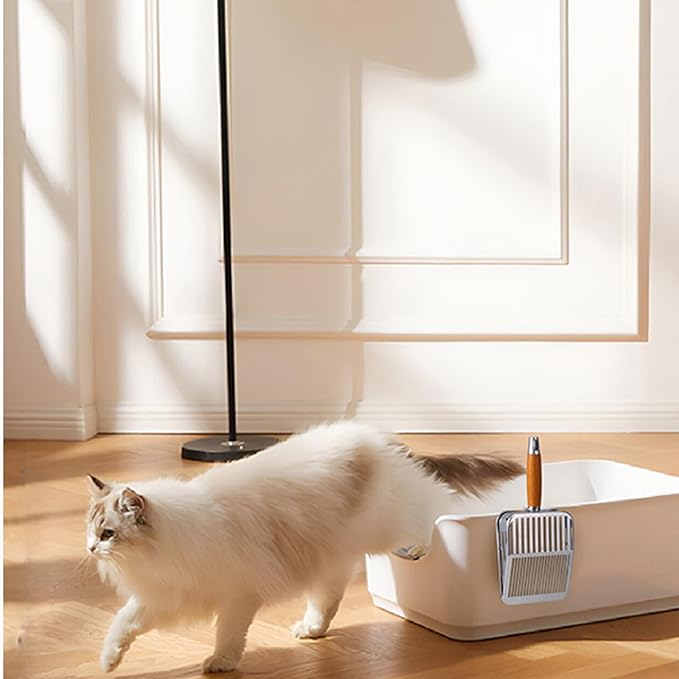 Rustproof & Unbreakable 304 Stainless Steel Metal Cat Litter Scoop with Holder Stand, One-Piece Pressed Design with No Welds, Easy Bottom Scooping, Reinforced Anti-Break Handle