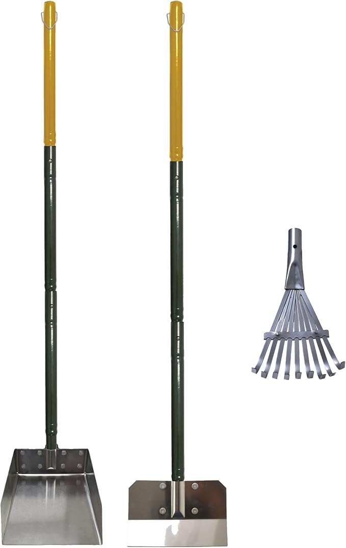 Four Paws Stainless Steel Long-Handled Dog Pooper Scooper Rake, Spade, & Pan 3 Piece Set, Pet Waste Pickup Tool, 38" x 10"