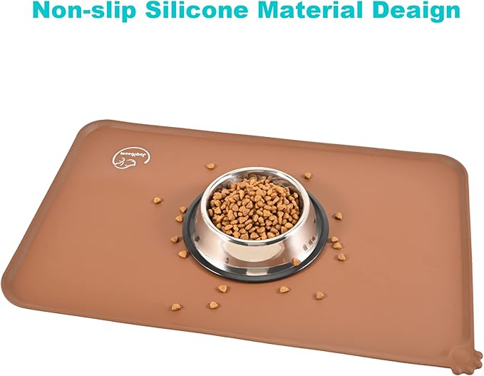 Silicone Waterproof Dog Cat Pet Feeding Mats, Non Slip, Easy Clean Pet Dog Cat Bowl Mats Placemat (18.5" x 11.5") Brown