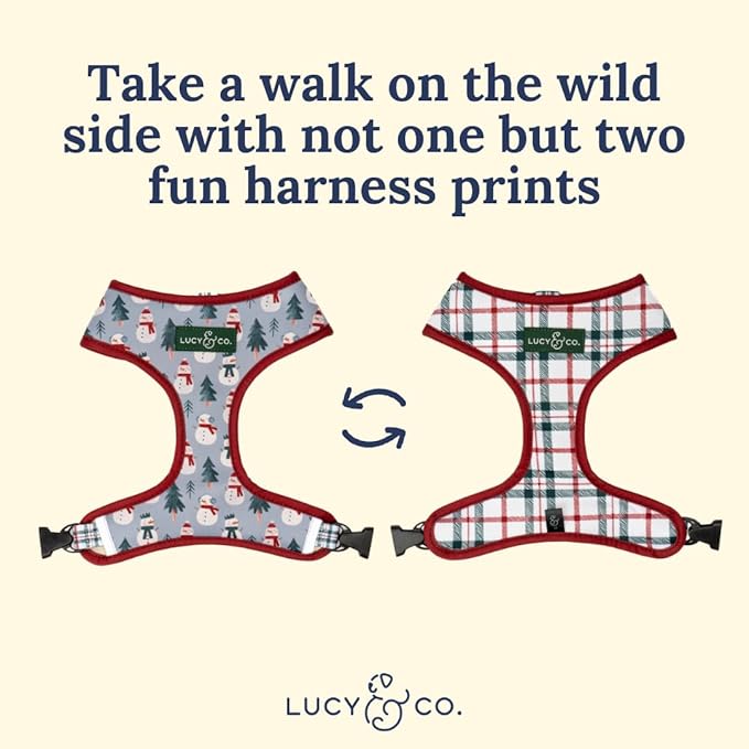 Lucy & Co. Cute Reversible Dog Harness Walking Halter - Best Designer Pet Harnesses for XS - XL Dogs - Padded Adjustable Vest for Easy Walking-Medium-Gray & White Snowman