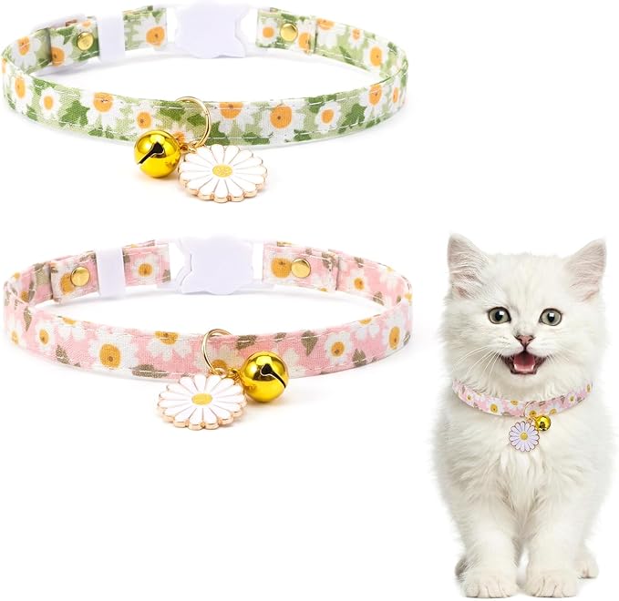 2 Pack Cat Collar Breakaway, Daisy Collar for Girl Cats, Adjustable Breakaway Cat Collars with Bell, Cute Floral Design Perfect for Female Kitten, 7.5-11 Inch, Pink & Green