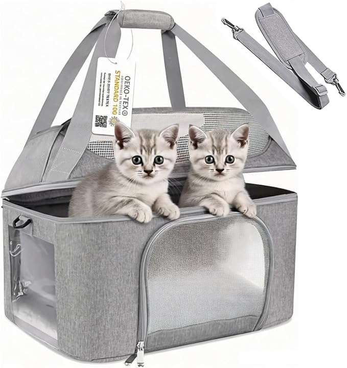 Large Cat Carrier Soft Side Pet Carrier for Kitten Puppy Collapsible Travel Small Dog Carrier Backpack TSA Airline Approved Pet Carriers for Under 20 lbs, Gray